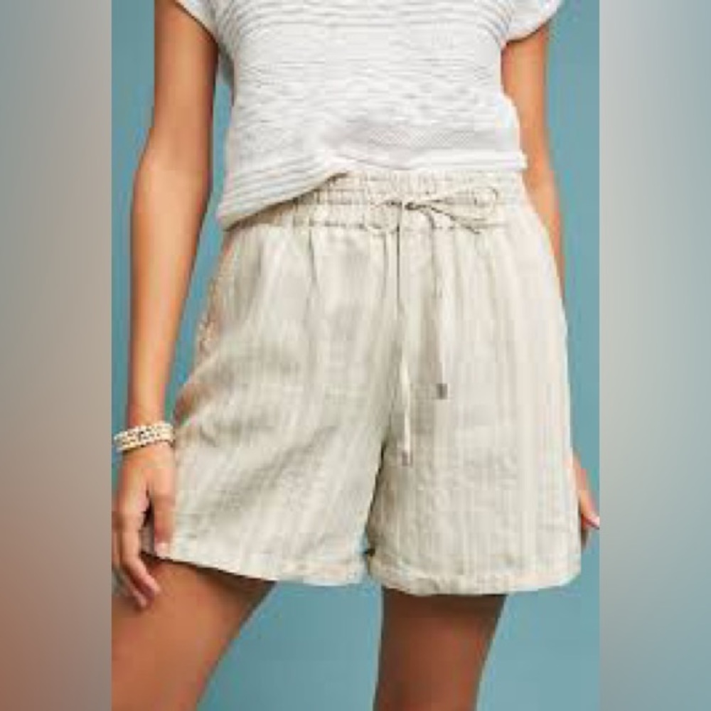 Anthropologie Beige Striped Drawstring Linen-Blend Shorts